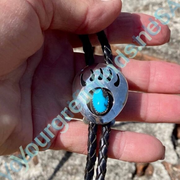 Vintage Sterling SIlver Bear Track Shadowbox Bolo Tie with Turquoise - Picture 6 of 6